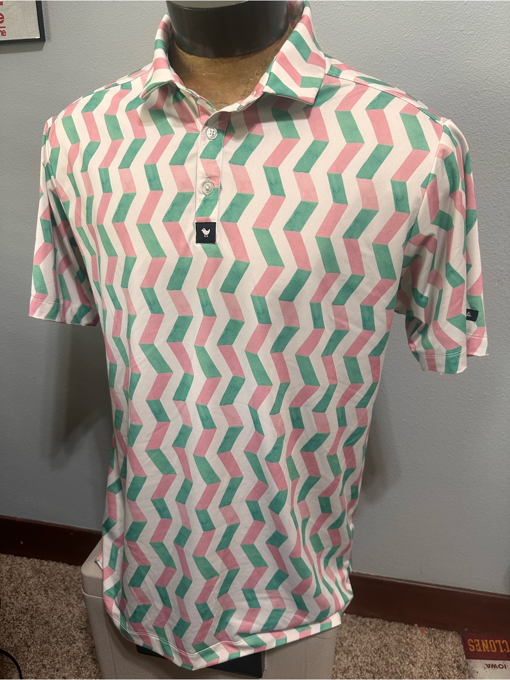 Bad Birdie Men's Pink & Green Geometric Polo Shirt